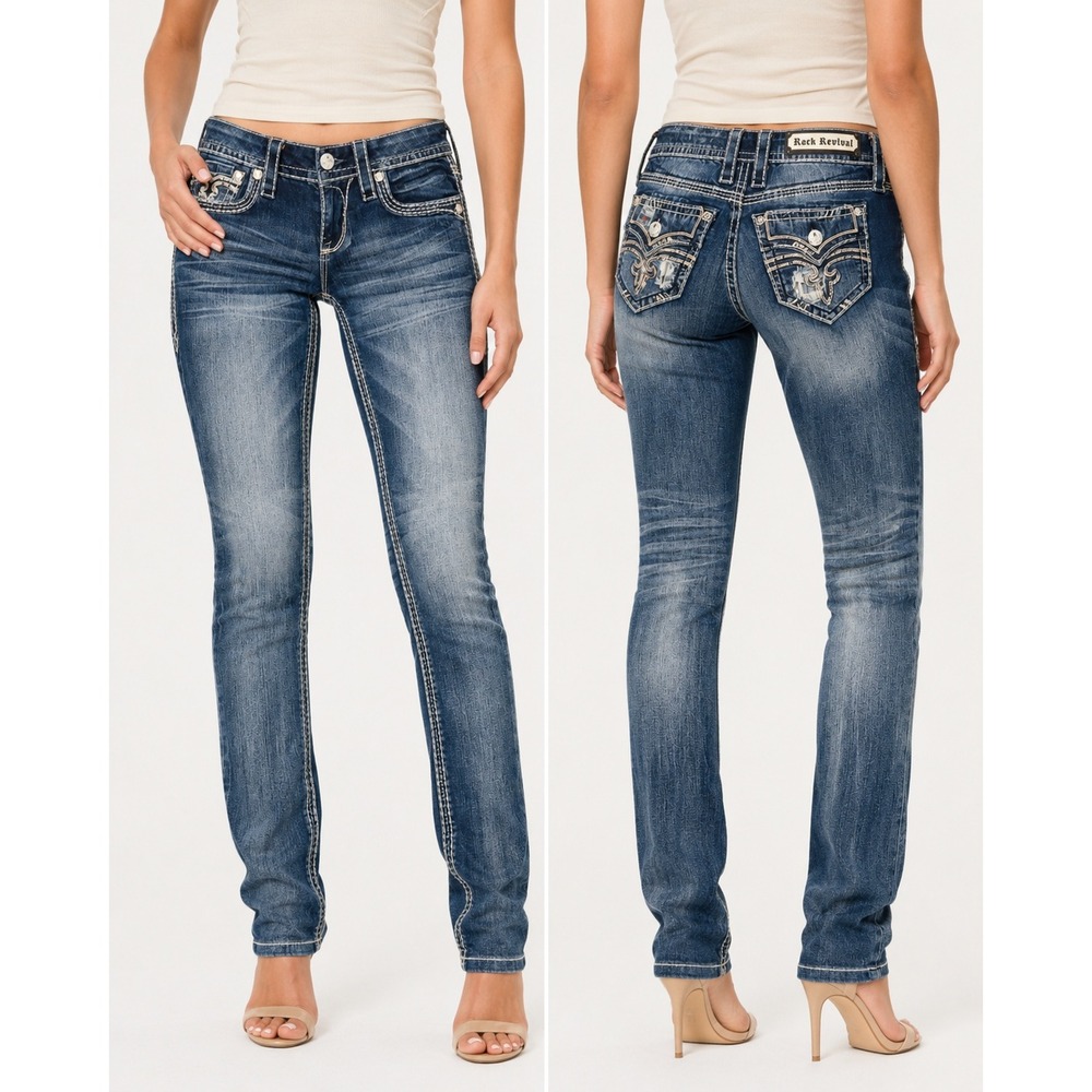 Rock Revival RAVEN Skinny Jeans Womens Medium Wash Selvedge Flap Pocket Denim
